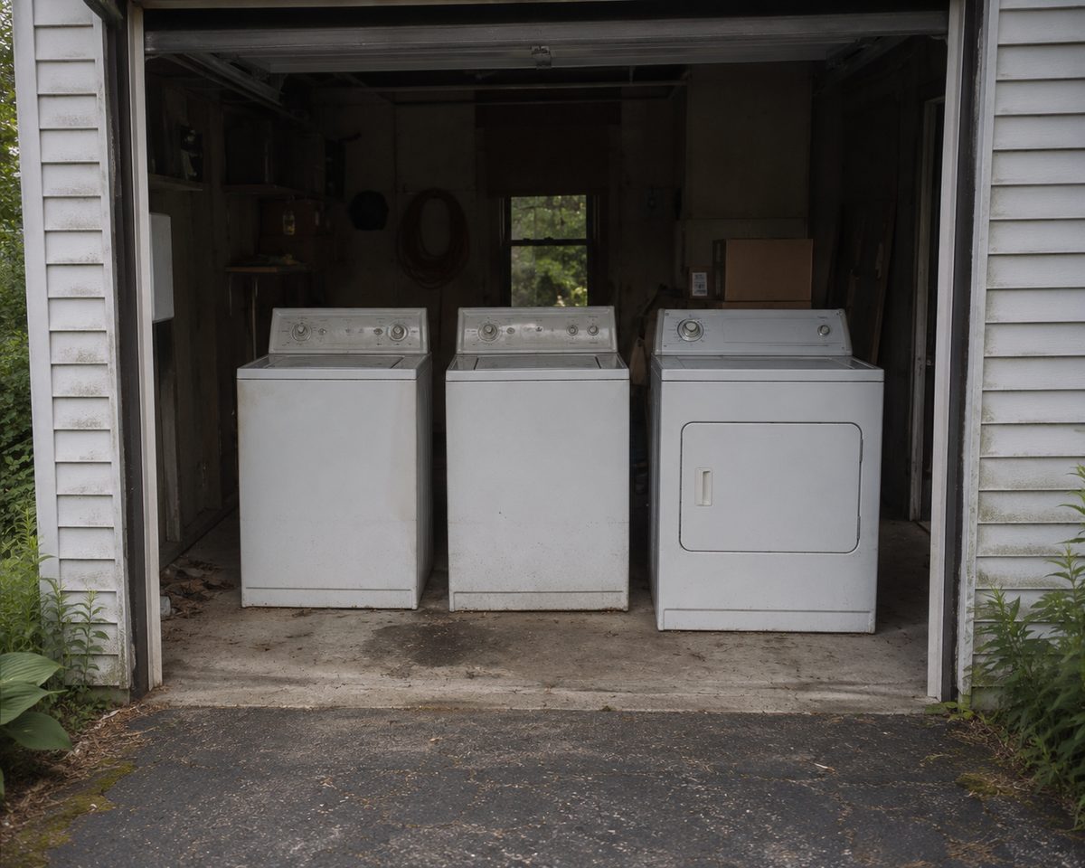Two washers and a dryer lined up in an open garage ready for appliance haul-away.