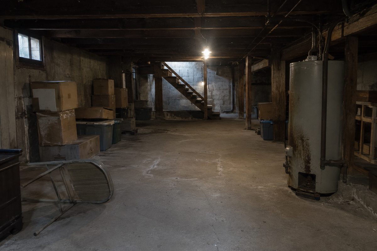 Unfinished basement with old boxes, water heater, and stairs lit by a bare bulb before a Southern NH cleanout.