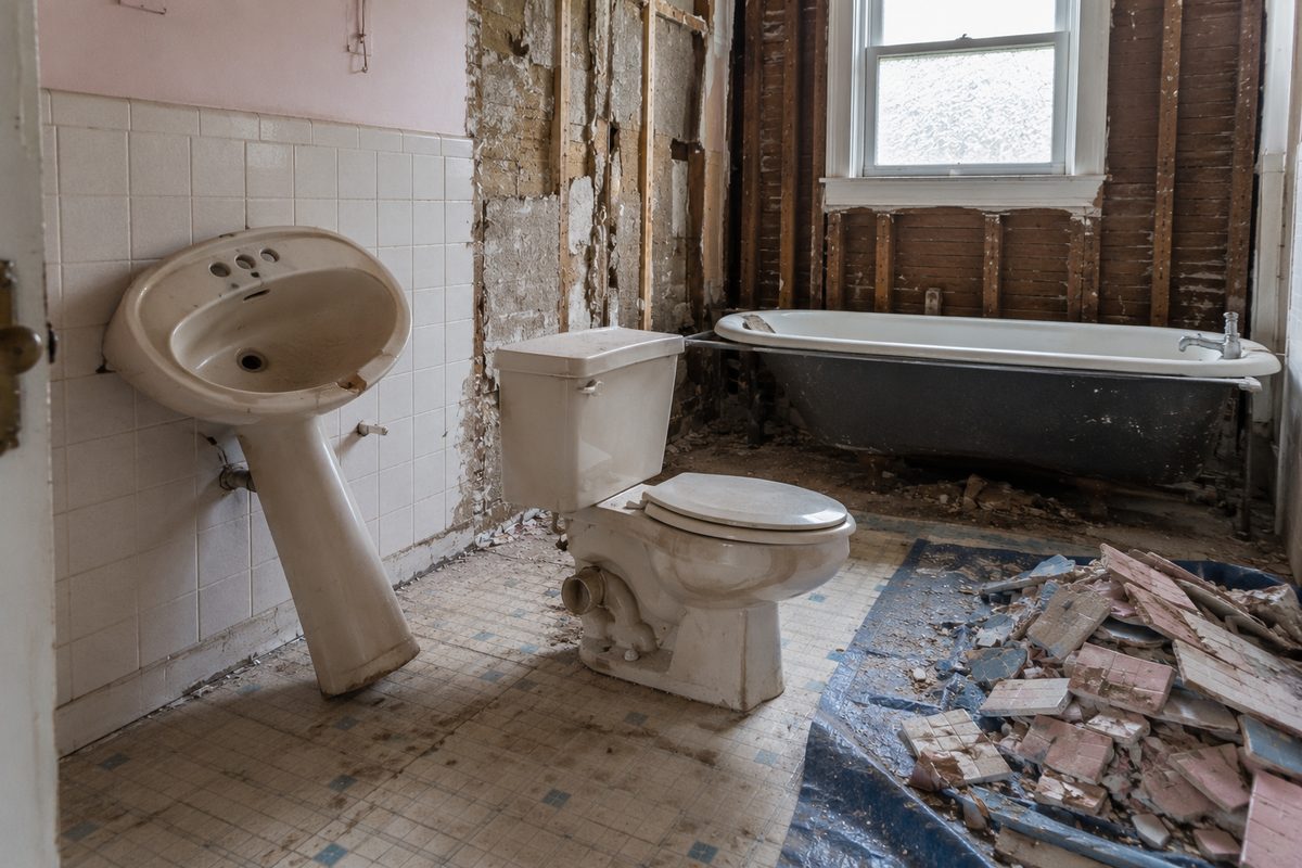 Bathroom mid-demolition with a pulled clawfoot tub, leaning pedestal sink, and broken pink and blue tile piled on a tarp.