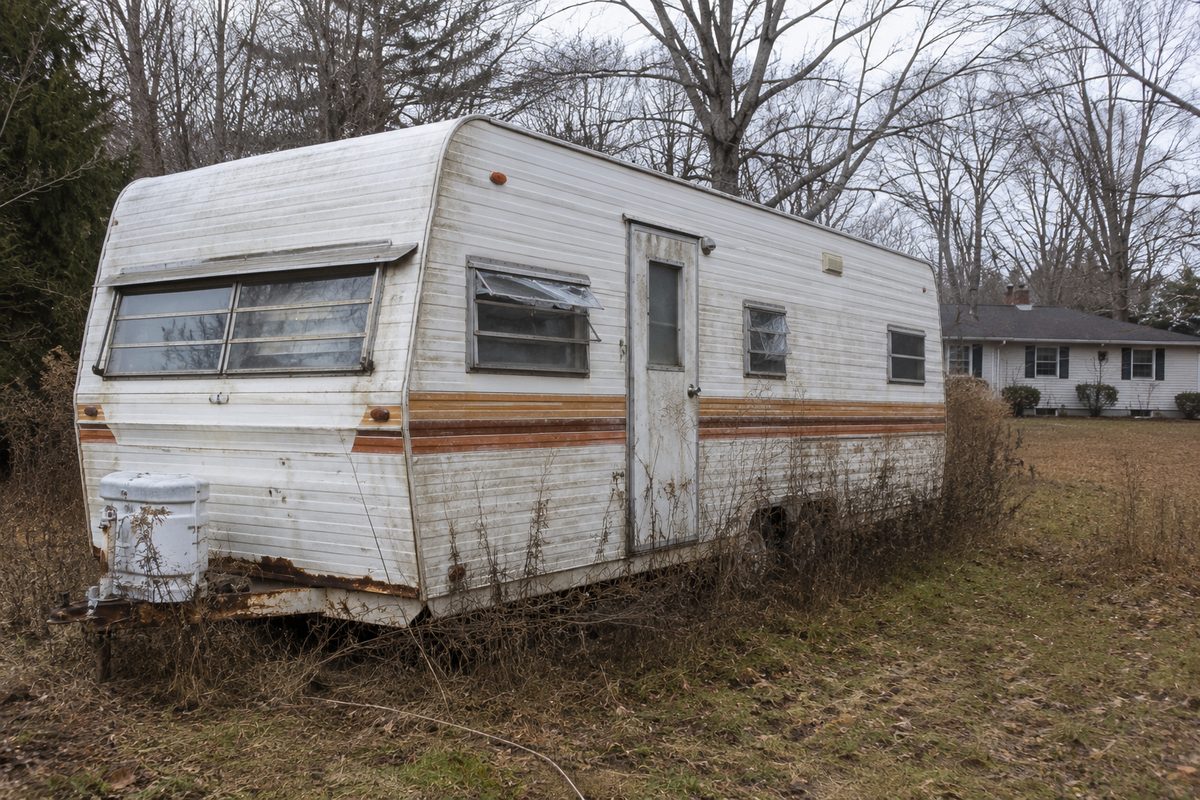 Old 1980s travel trailer on flat tires with faded paint and rust sitting in the yard behind a Southern NH ranch home.