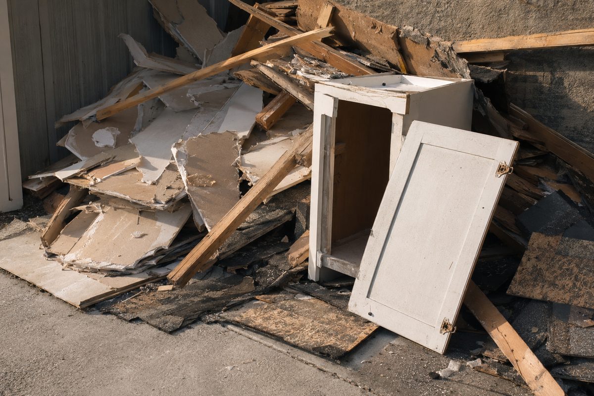 Pile of construction debris with drywall scraps, a white cabinet, and torn-off shingles ready for the dumpster.