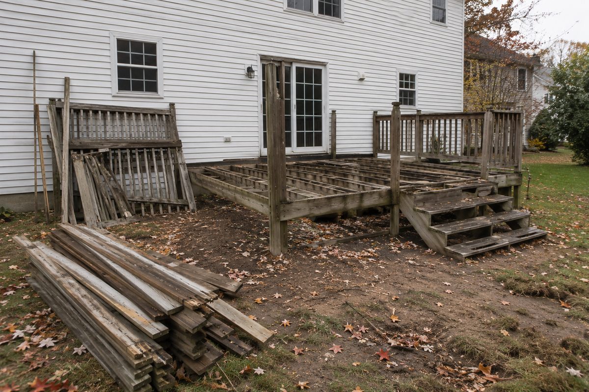 Wooden deck partially demolished down to the joists with railing sections leaning against a two-story white colonial.