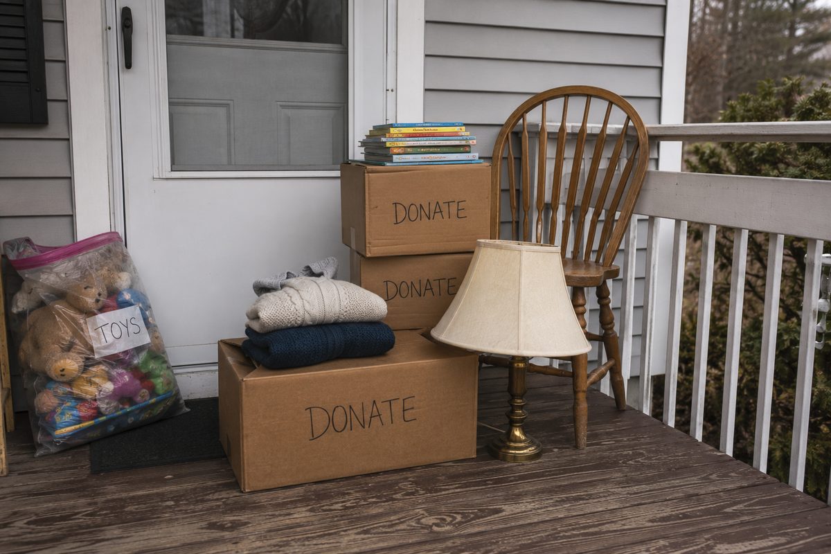 Porch pile of donate-marked boxes, folded sweaters, a table lamp, and a labeled bag of toys ready for a donation run.