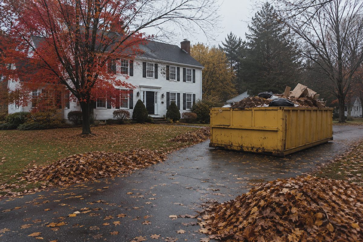 A Scribby's dumpster on a Loudon driveway. Maybe a residential roof job out on one of the back roads, with woods in the background.