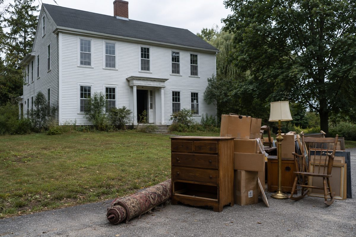 Pile of antique furniture, a rolled rug, and a brass lamp at the edge of a Federal-style white colonial drive.