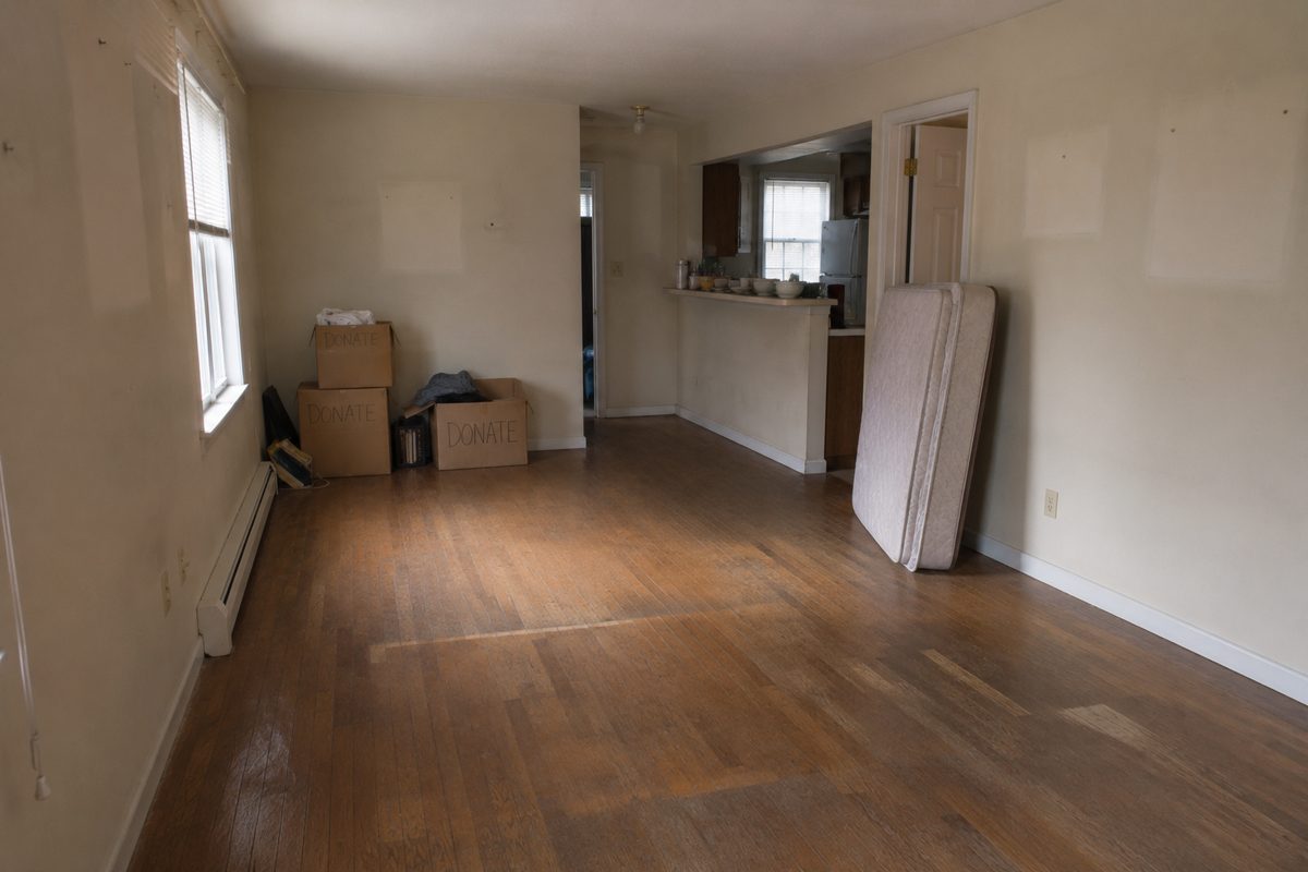 Empty rental unit interior with scuffed hardwood floors and donate-marked boxes after an eviction cleanout.