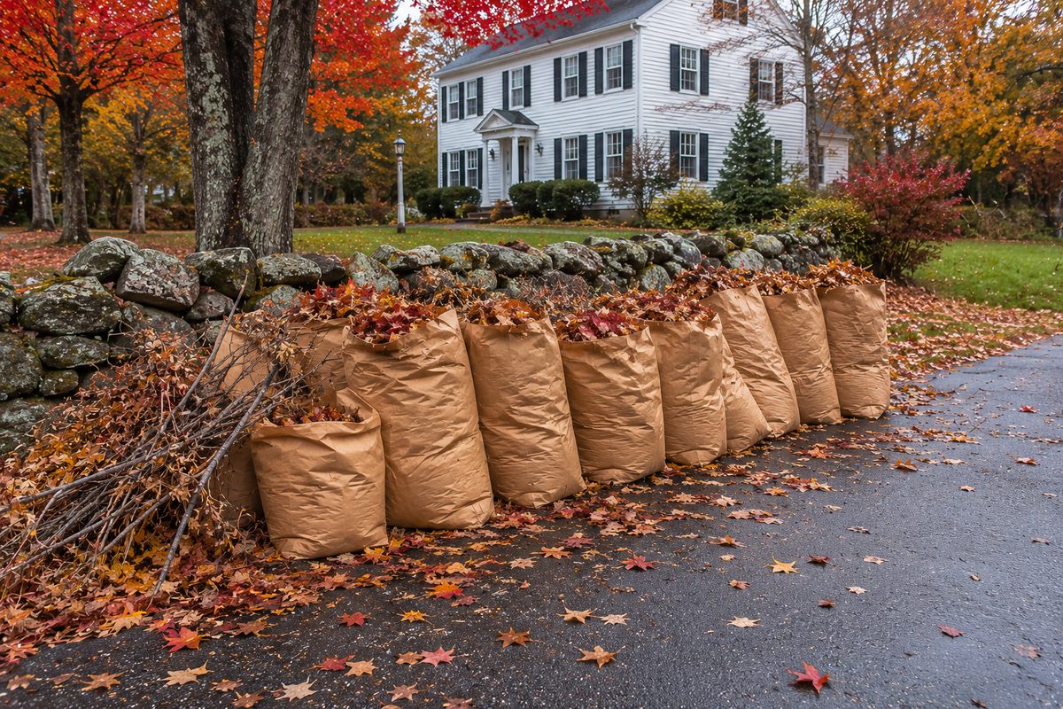 Brush, leaves, and yard waste in paper bags piled along a stone wall outside a white colonial home in southern NH, ready for pickup.