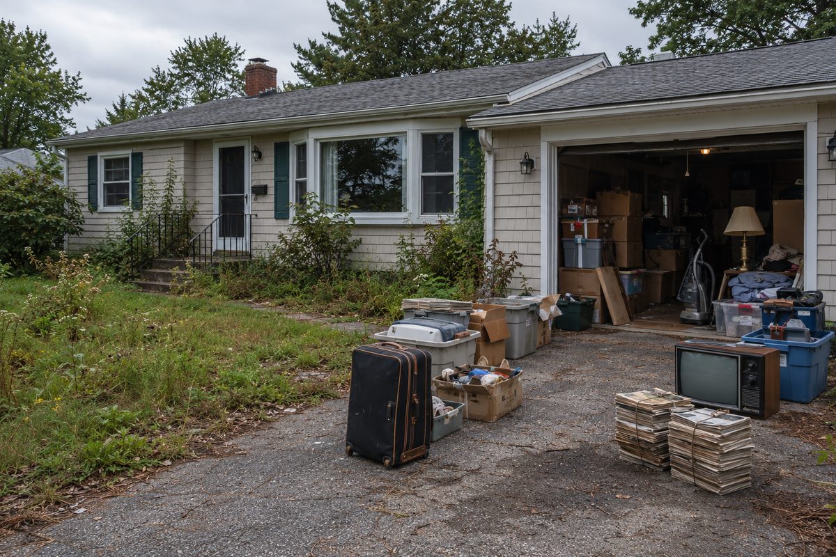 Open ranch garage with boxes, a vacuum, a suitcase, and a vintage TV spilling onto the driveway during a hoarding cleanout.