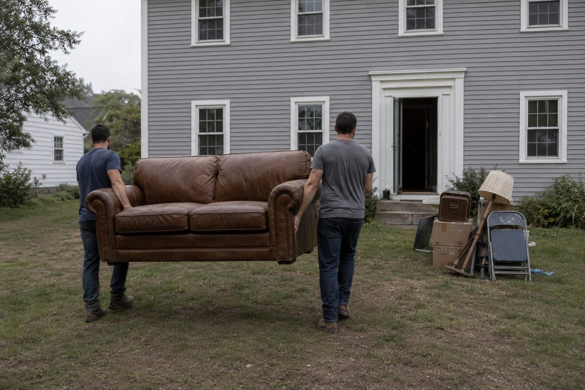 Two movers carrying a brown leather couch out of a gray colonial during a residential cleanout.