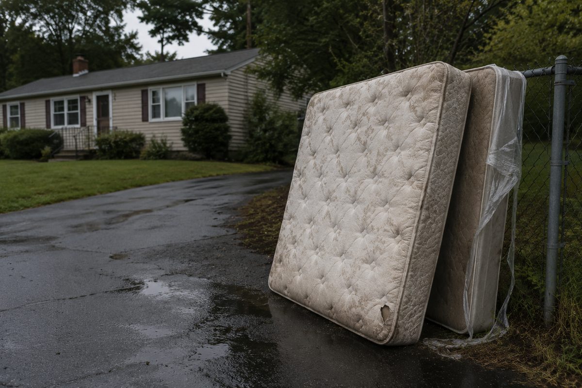 Queen mattress and box spring leaning against a chain-link fence at the curb of a Southern NH ranch home.