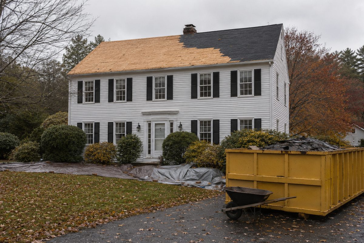 Half-stripped roof on a white colonial with a yellow dumpster of torn shingles and tarps spread across the lawn.