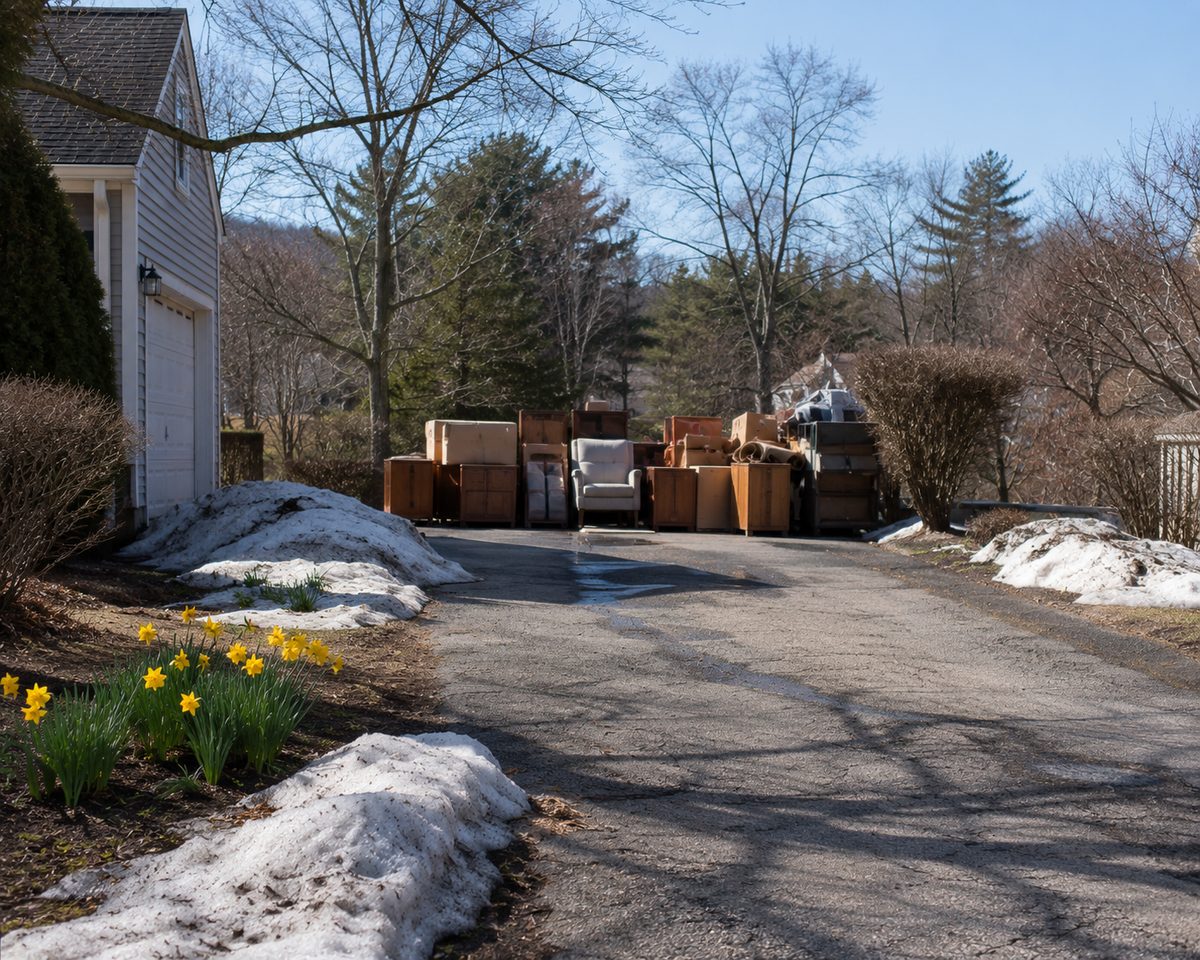 April driveway cleanout pile beside melting snow and blooming daffodils in Southern NH.