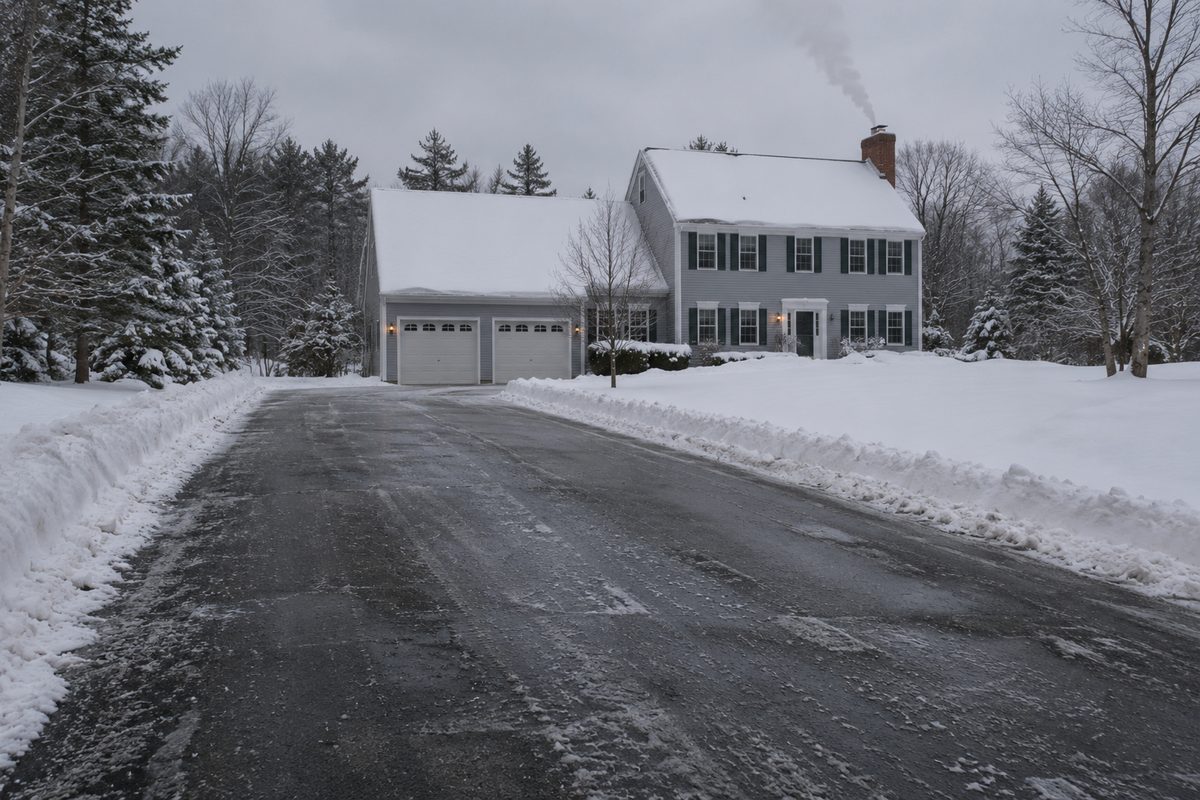 Freshly plowed asphalt driveway leading to a gray colonial with chimney smoke on an overcast NH winter day.